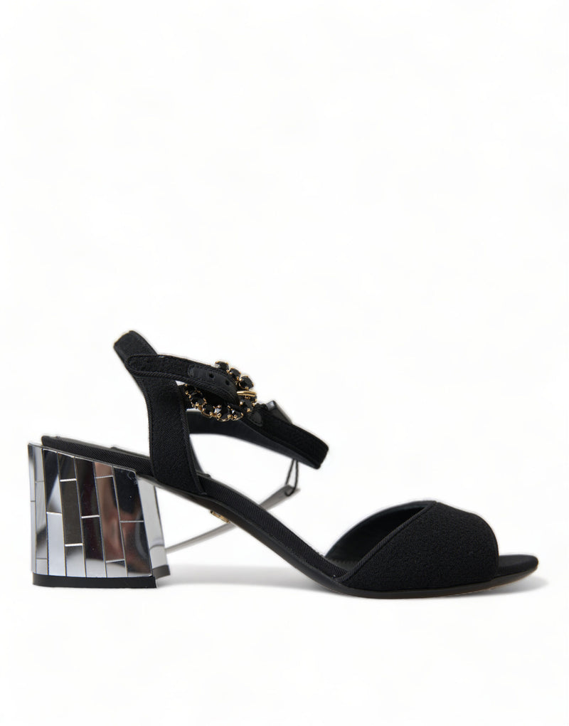 Black Crystals Ankle Strap Sandals Shoes-Dolce & Gabbana-LabelTerrace.com