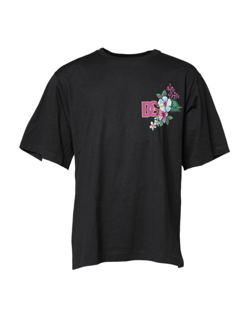 Black DG Floral Print Crew Neck T-shirt-Dolce & Gabbana-LabelTerrace.com