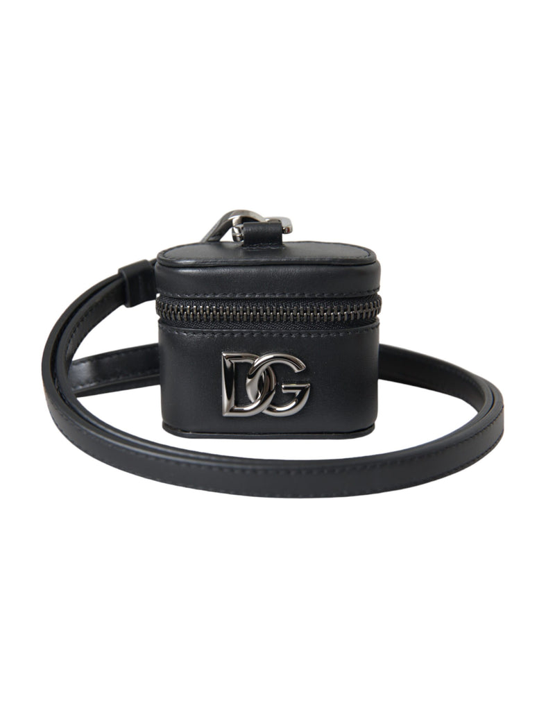 Black DG Logo Leather Silver Metal Airpods Case-Dolce & Gabbana-LabelTerrace.com