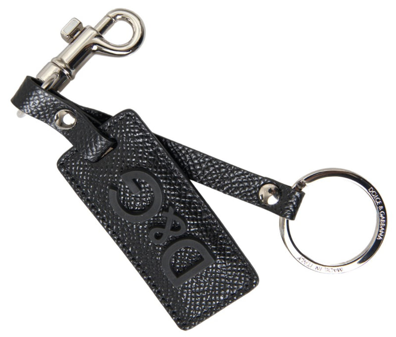 Black DG Logo Leather Silver Metal Keychain-Dolce & Gabbana-LabelTerrace.com