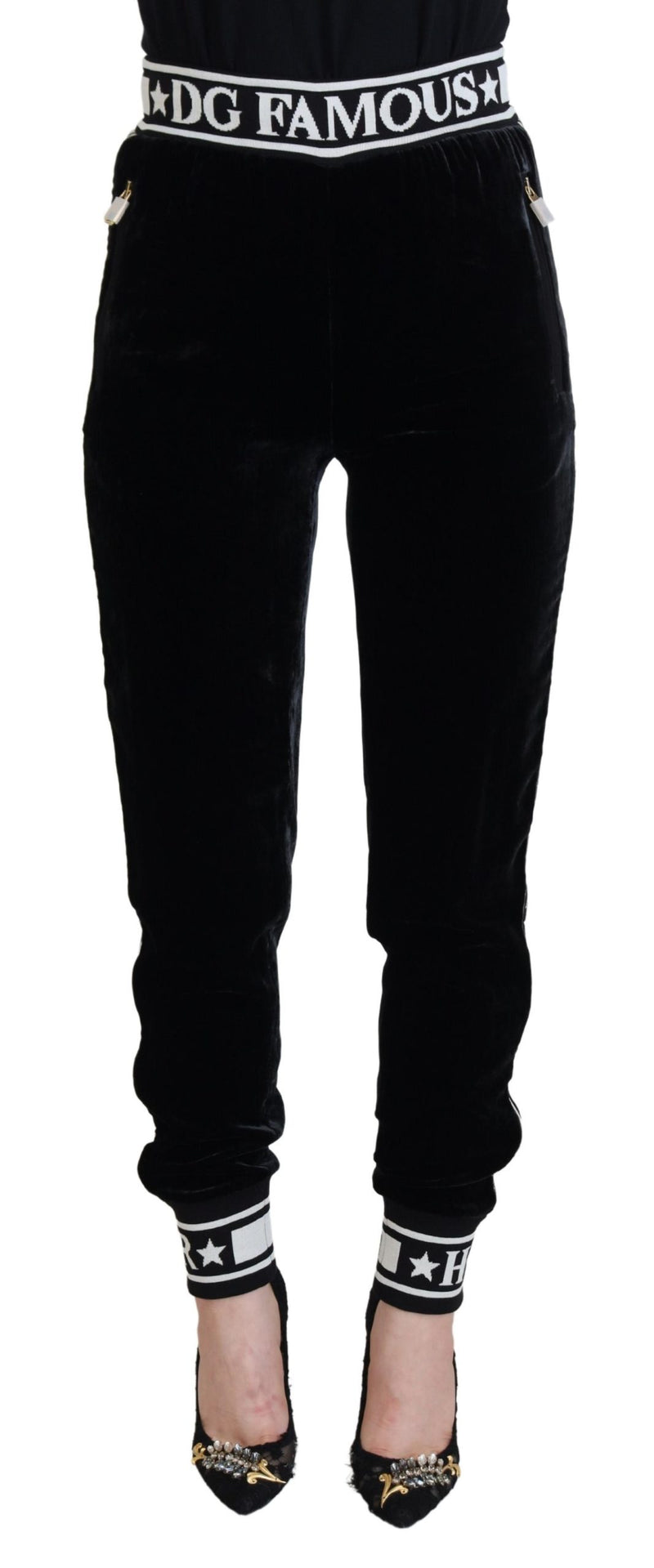 Black DG Logo Velvet Trouser Pants-Dolce & Gabbana-LabelTerrace.com