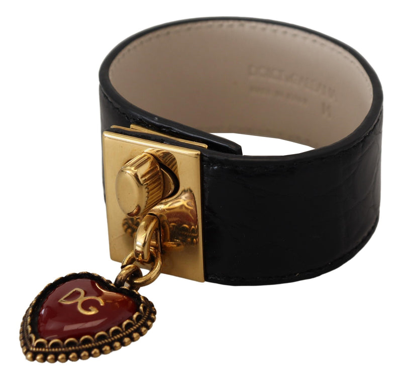 Black Dauphine Leather DG Heart Key Ring Bracelet-Dolce & Gabbana-LabelTerrace.com