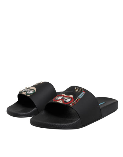 Black Divers Leather Flats Slides Sandals Beachwear Shoes-Dolce & Gabbana-LabelTerrace.com