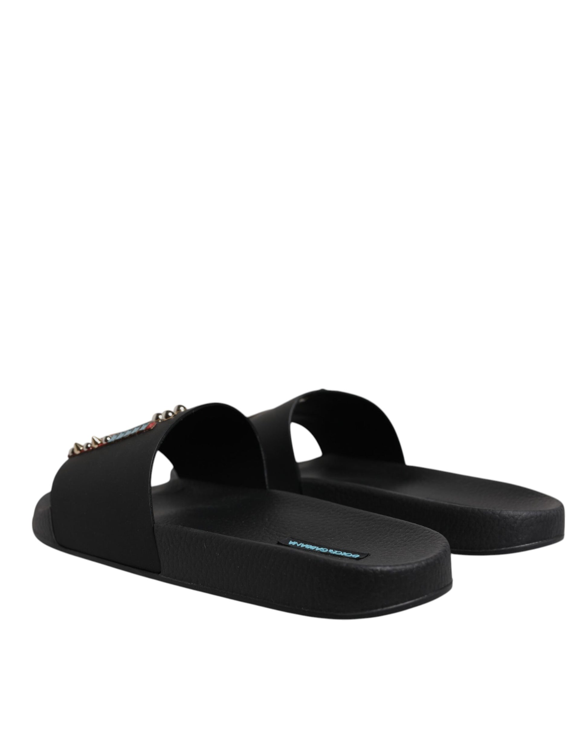 Black Divers Leather Flats Slides Sandals Beachwear Shoes-Dolce & Gabbana-LabelTerrace.com
