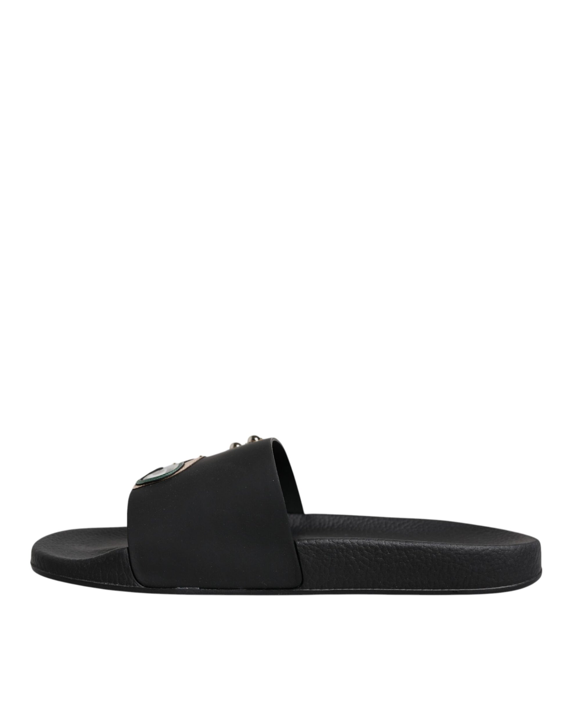 Black Divers Leather Flats Slides Sandals Beachwear Shoes-Dolce & Gabbana-LabelTerrace.com