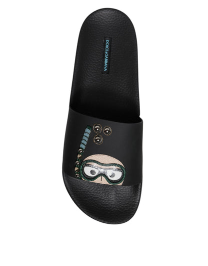 Black Divers Leather Flats Slides Sandals Beachwear Shoes-Dolce & Gabbana-LabelTerrace.com