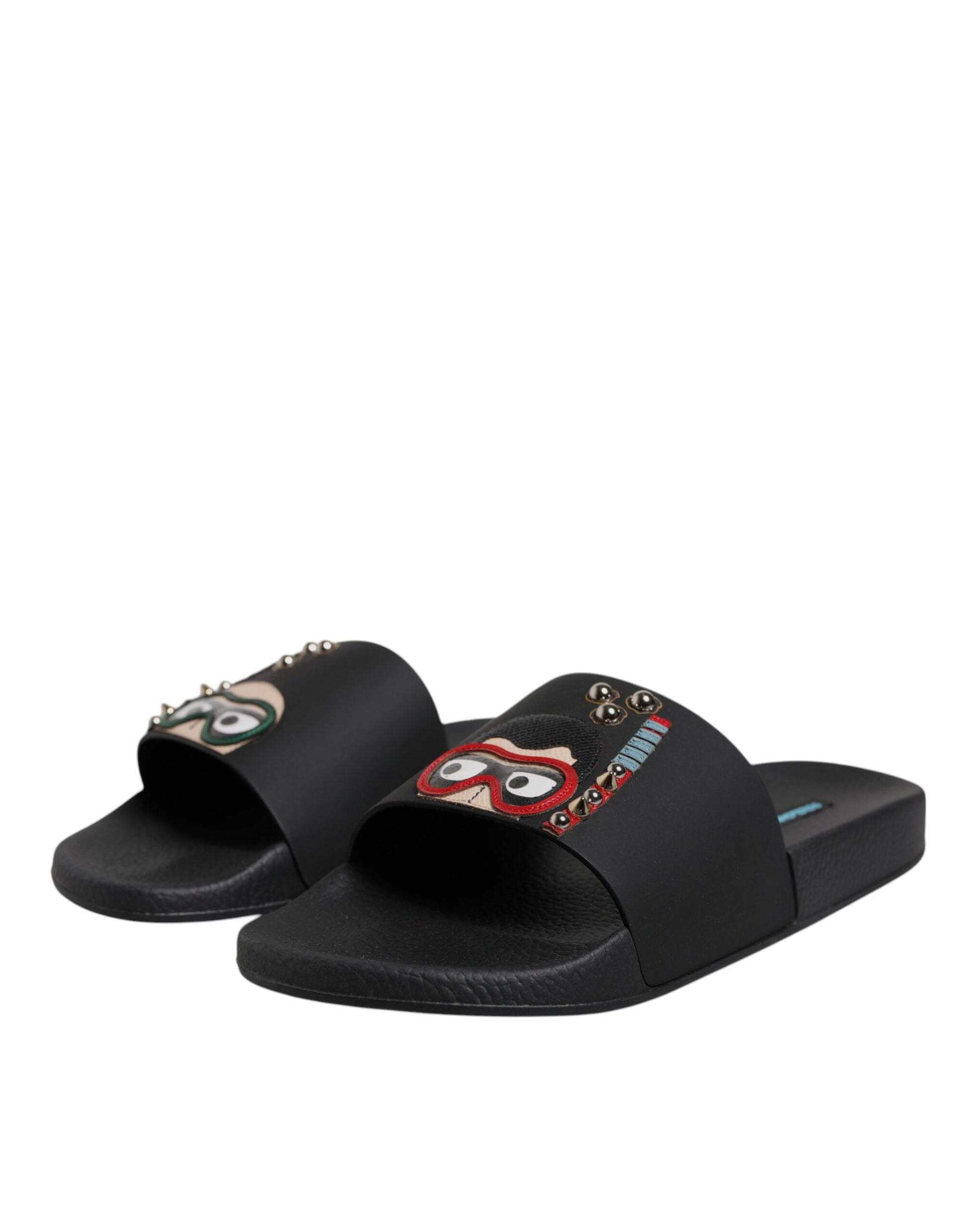 Black Divers Leather Flats Slides Sandals Beachwear Shoes-Dolce & Gabbana-LabelTerrace.com