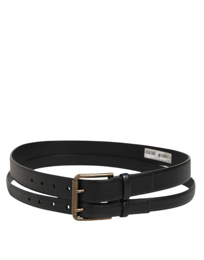 Black Double Strap Leather Brass Buckle Belt