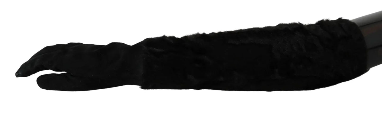 Black Elbow Length Mitten Suede Fur Gloves-Dolce & Gabbana-LabelTerrace.com