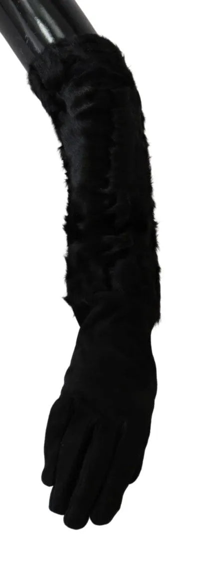 Black Elbow Length Mitten Suede Fur Gloves-Dolce & Gabbana-LabelTerrace.com