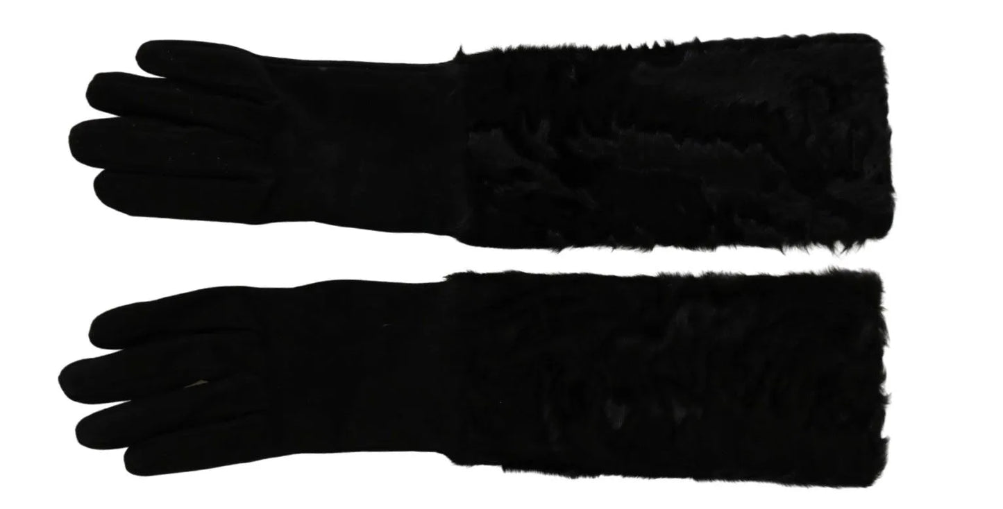 Black Elbow Length Mitten Suede Fur Gloves-Dolce & Gabbana-LabelTerrace.com