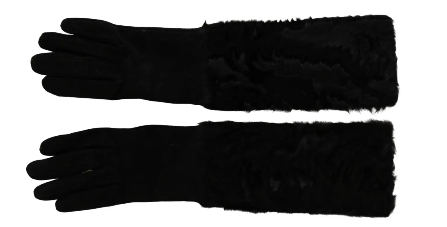 Black Elbow Length Mitten Suede Fur Gloves-Dolce & Gabbana-LabelTerrace.com