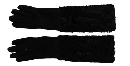 Black Elbow Length Mitten Suede Fur Gloves-Dolce & Gabbana-LabelTerrace.com