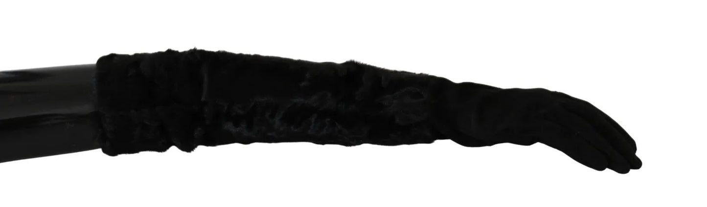 Black Elbow Length Mitten Suede Fur Gloves-Dolce & Gabbana-LabelTerrace.com