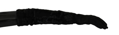 Black Elbow Length Mitten Suede Fur Gloves-Dolce & Gabbana-LabelTerrace.com
