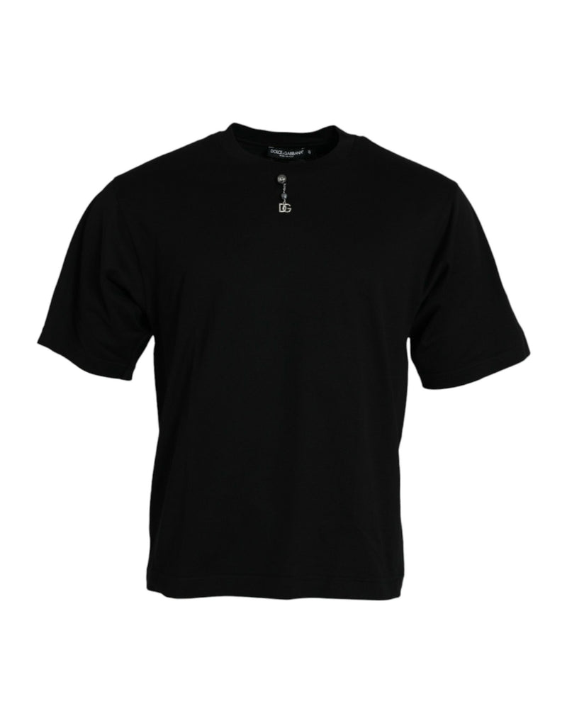 Black Embellished Cotton Crew Neck T-shirt-Dolce & Gabbana-LabelTerrace.com