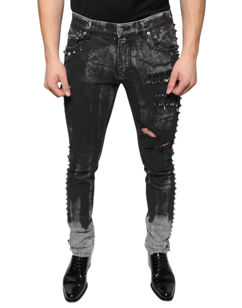 Black Embellished Cotton Skinny Denim Jeans-Dolce & Gabbana-LabelTerrace.com