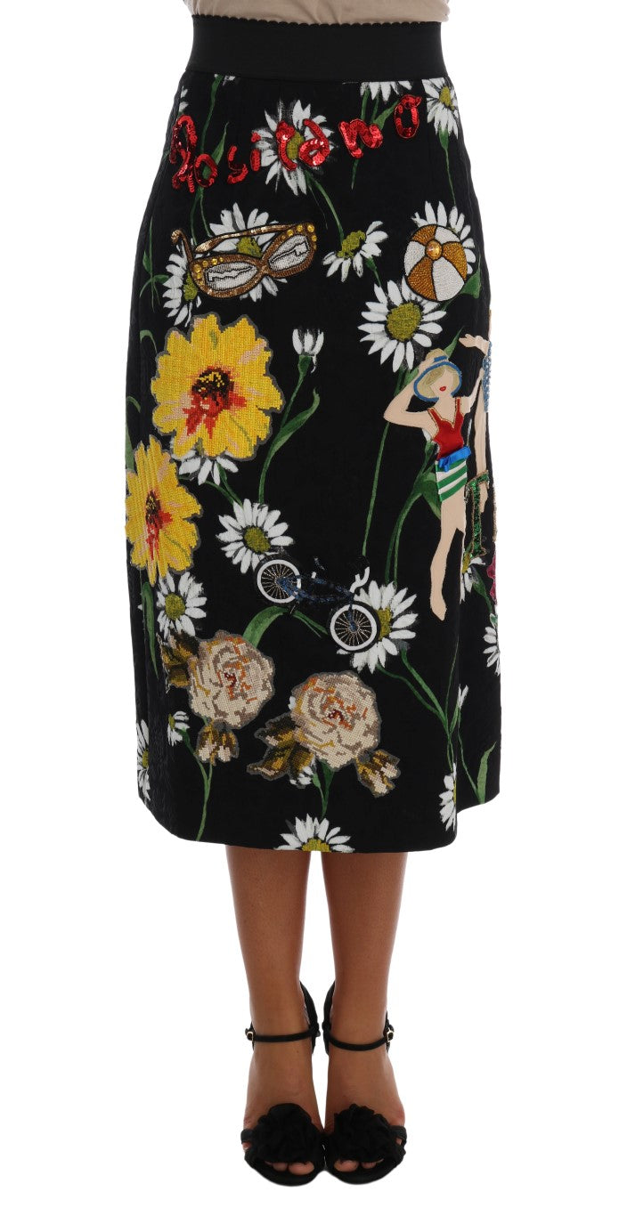 Black Embellished Daisy Brocade Skirt-Dolce & Gabbana-LabelTerrace.com