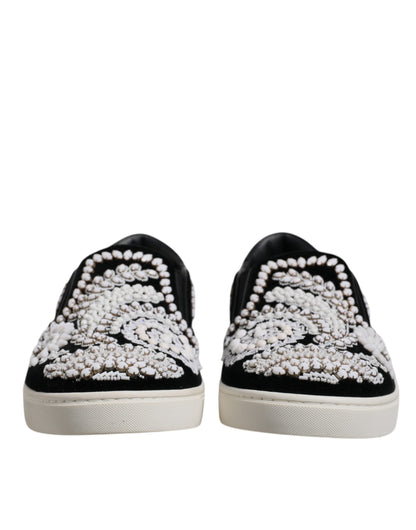 Black Embellished London Men Slip On Shoes-Dolce & Gabbana-LabelTerrace.com