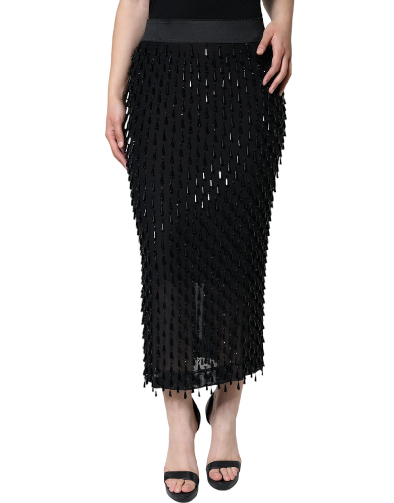 Black Embellished Pencil Cut Midi Skirt-Dolce & Gabbana-LabelTerrace.com
