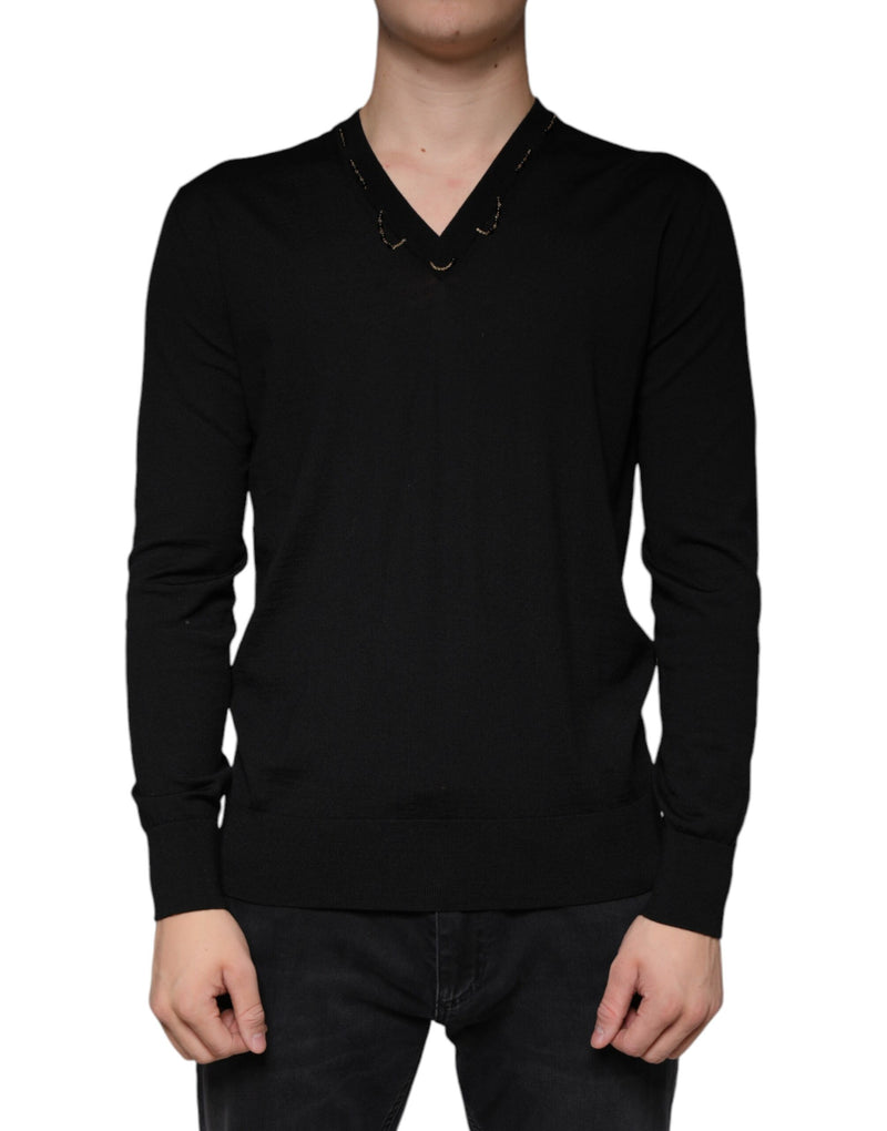 Black Embellished V-neck Pullover Sweater-Dolce & Gabbana-LabelTerrace.com
