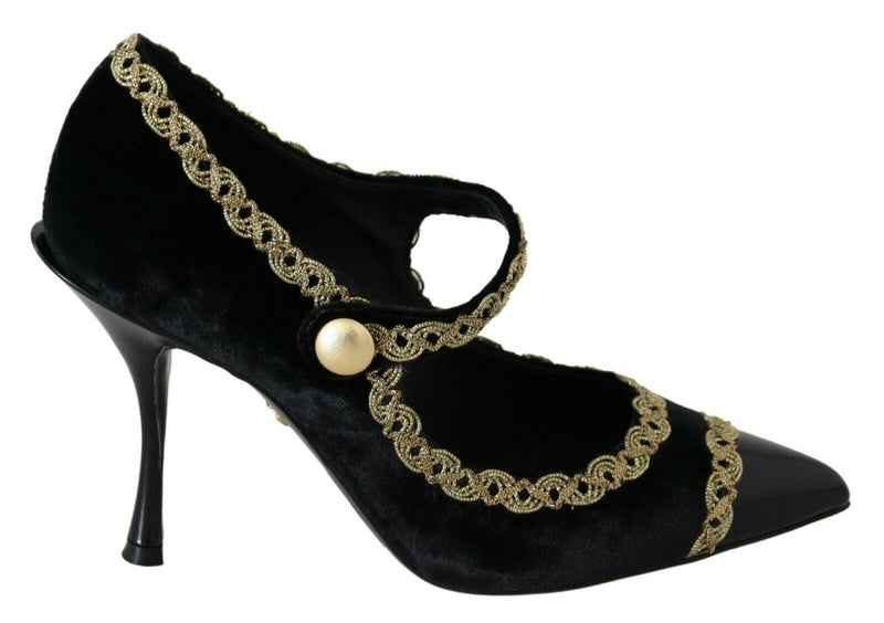 Black Embellished Velvet Mary Jane Pumps Shoes-Dolce & Gabbana-LabelTerrace.com