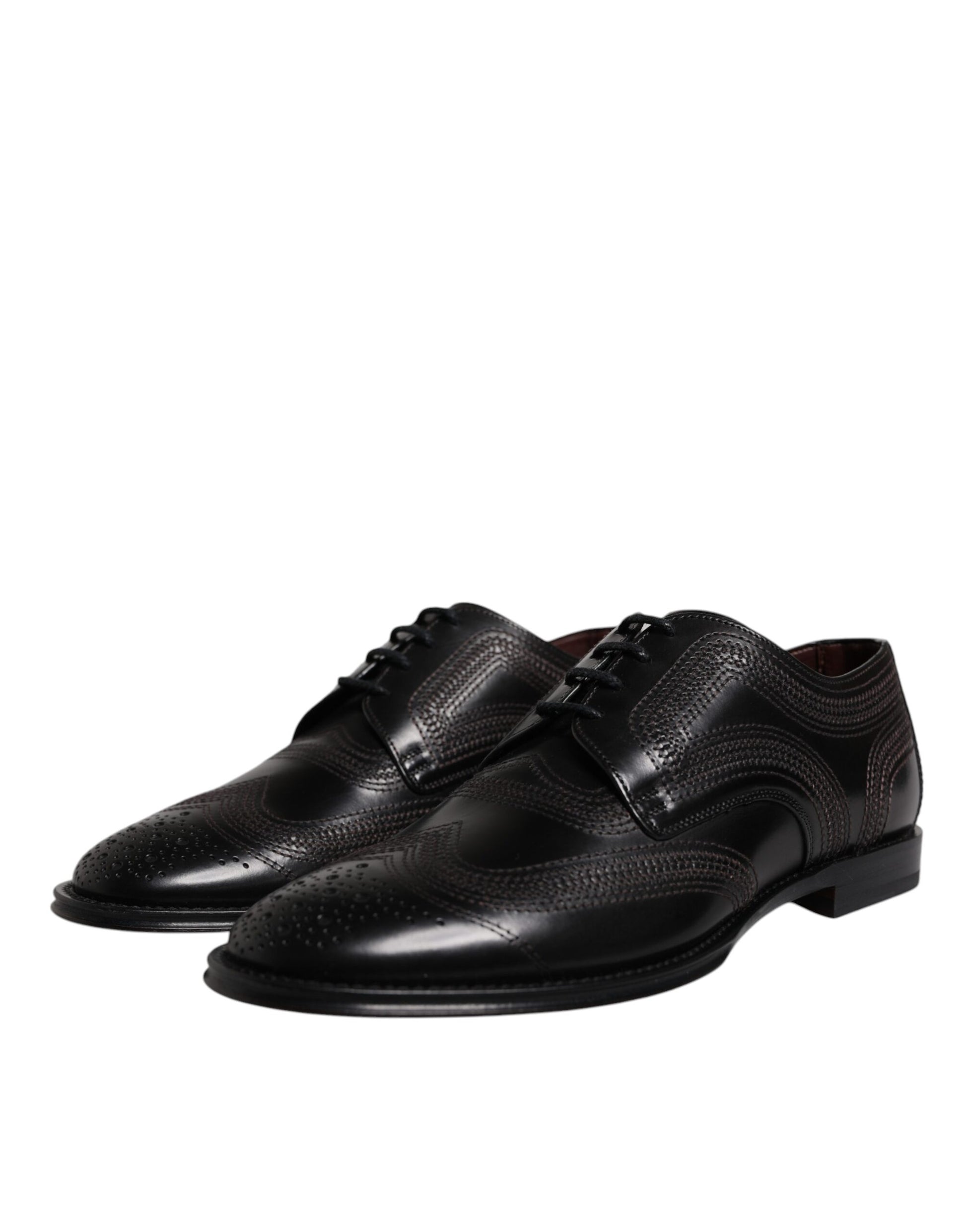 Black Embroidered Classic Leather Derby Dress Shoes-Dolce & Gabbana-LabelTerrace.com