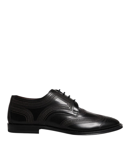 Black Embroidered Classic Leather Derby Dress Shoes-Dolce & Gabbana-LabelTerrace.com