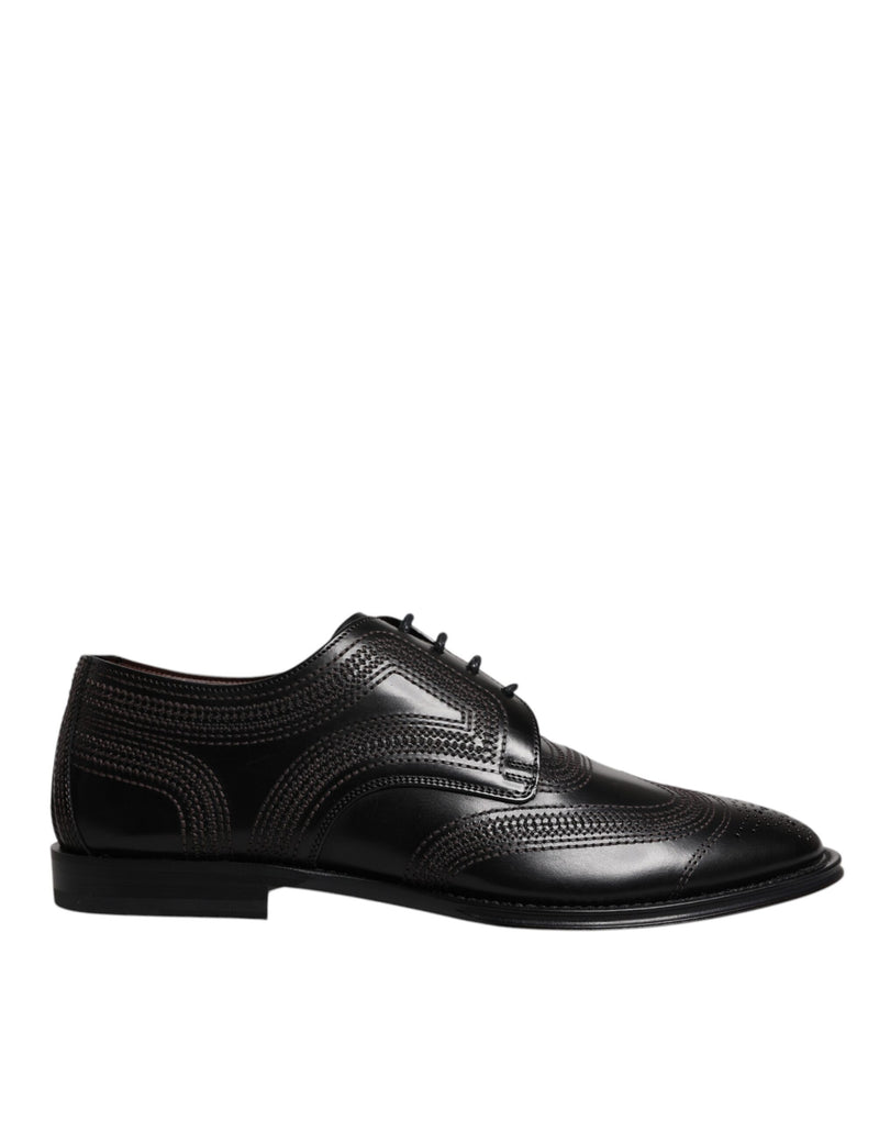 Black Embroidered Classic Leather Derby Dress Shoes-Dolce & Gabbana-LabelTerrace.com