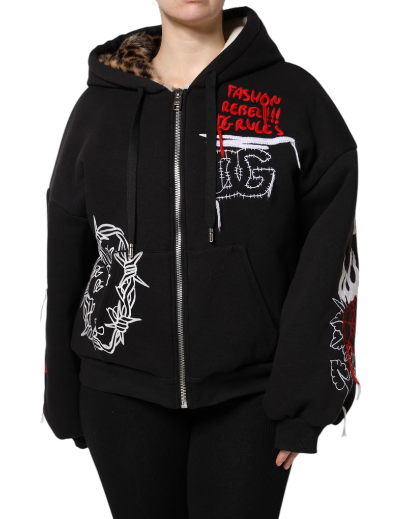 Black Embroidered Full Zip Hooded Jacket-Dolce & Gabbana-LabelTerrace.com