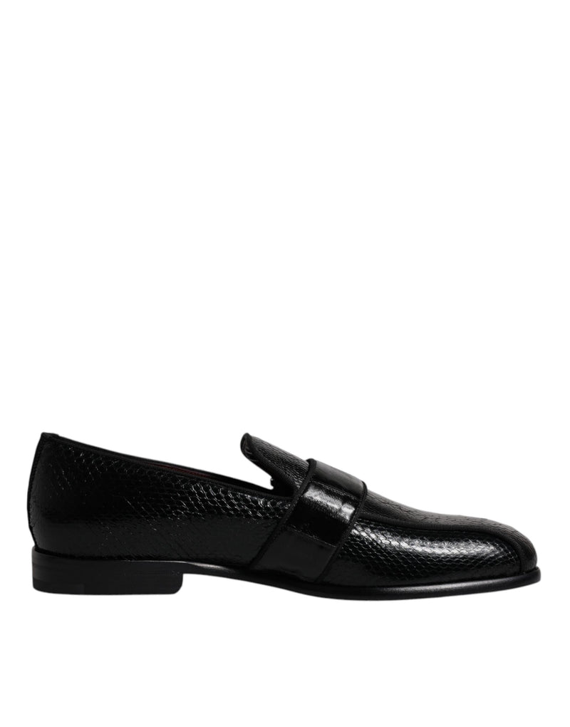 Black Exotic Leather DG Logo Loafers Formal Dress Shoes-Dolce & Gabbana-LabelTerrace.com