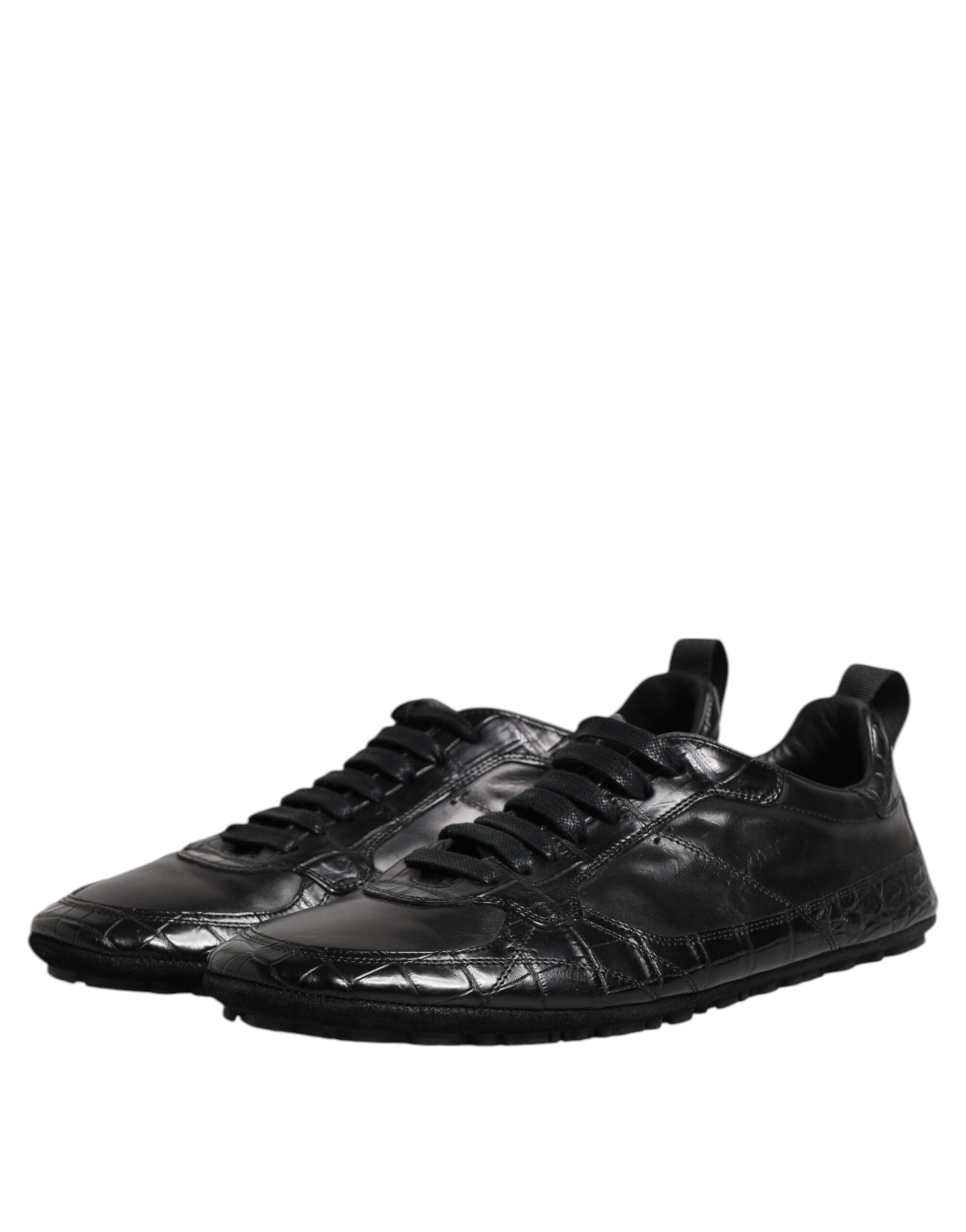Black Exotic Leather Low Top Sneakers Shoes-Dolce & Gabbana-LabelTerrace.com