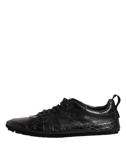 Black Exotic Leather Low Top Sneakers Shoes-Dolce & Gabbana-LabelTerrace.com