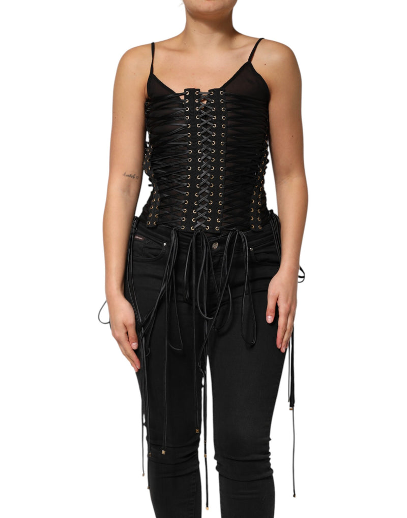 Black Eyelet Embellished Corset Style Top-Dolce & Gabbana-LabelTerrace.com