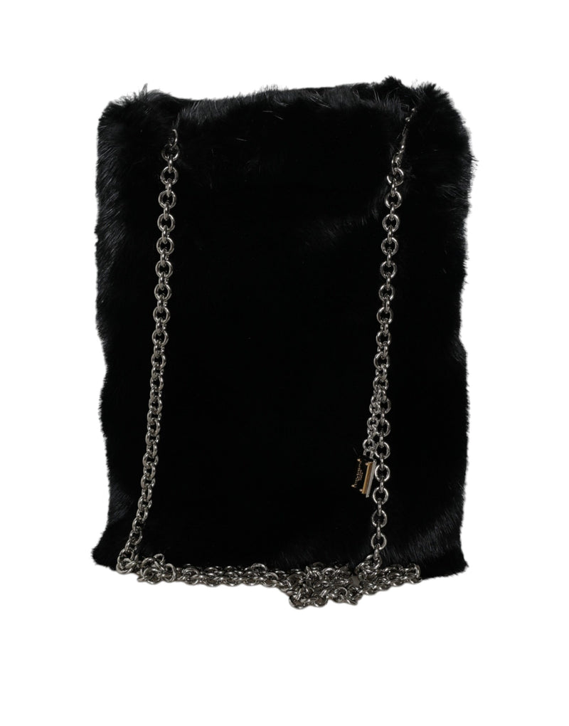 Black Faux Fur Silver Chain Crossbody Shoulder Purse Bag-Dolce & Gabbana-LabelTerrace.com