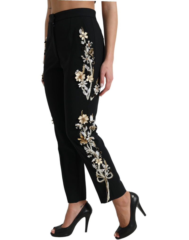 Black Floral Applique High Waist Tapered Pants-Dolce & Gabbana-LabelTerrace.com