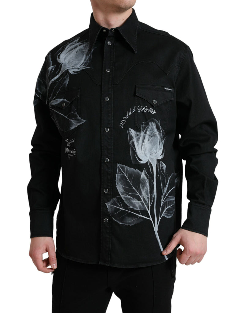 Black Floral Cotton Collared Dress Shirt-Dolce & Gabbana-LabelTerrace.com