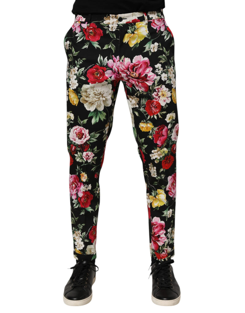 Black Floral Cotton Dress Formal Trouser Pants-Dolce & Gabbana-LabelTerrace.com