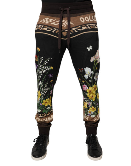 Black Floral Cotton Jogger Sweatpants Pants-Dolce & Gabbana-LabelTerrace.com
