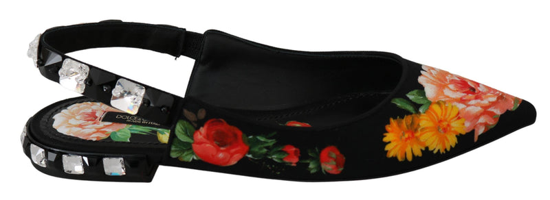 Black Floral Crystal Slingbacks Flats Shoes-Dolce & Gabbana-LabelTerrace.com