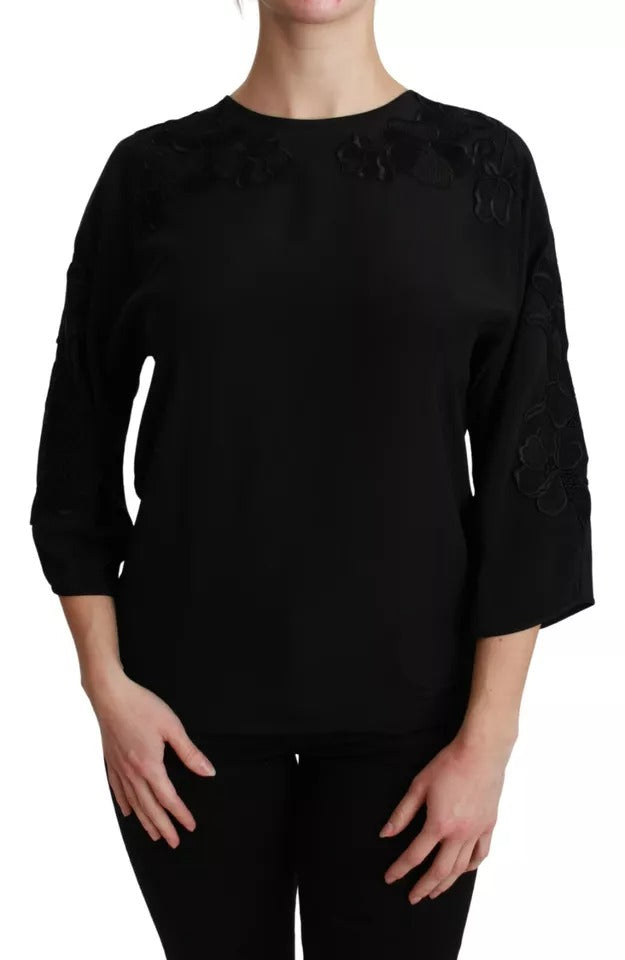 Black Floral Embroidered Blouse Silk Top-Dolce & Gabbana-LabelTerrace.com