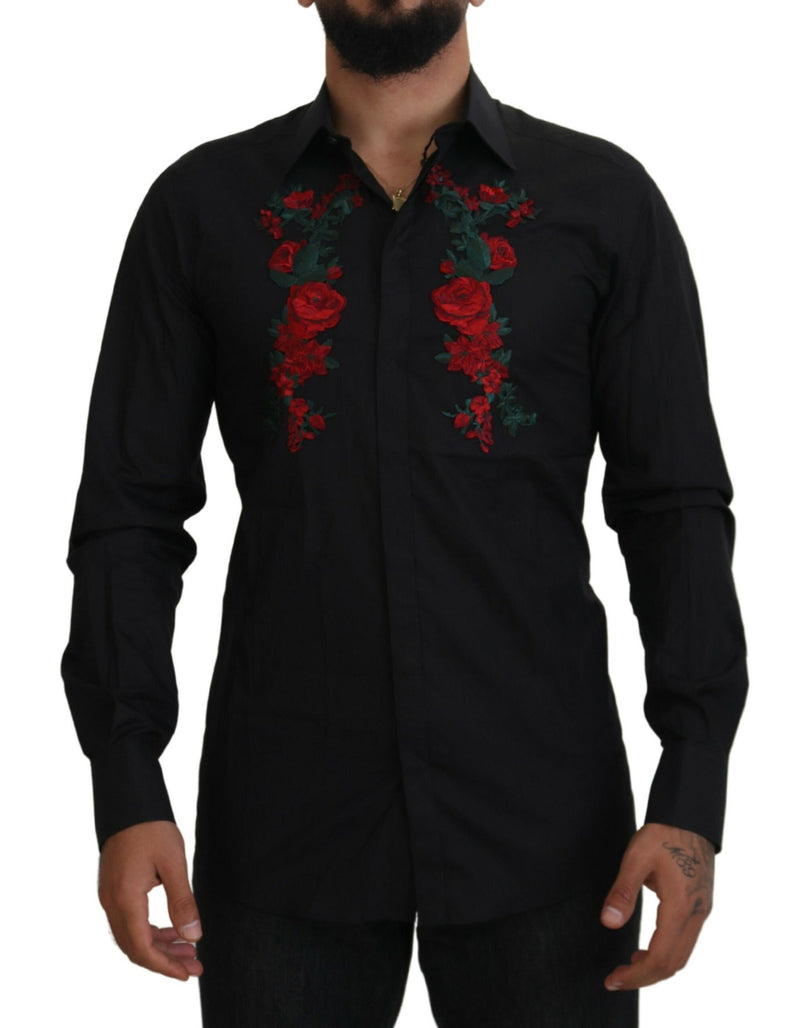 Black Floral Embroidery Men Long Sleeves GOLD Shirt-Dolce & Gabbana-LabelTerrace.com