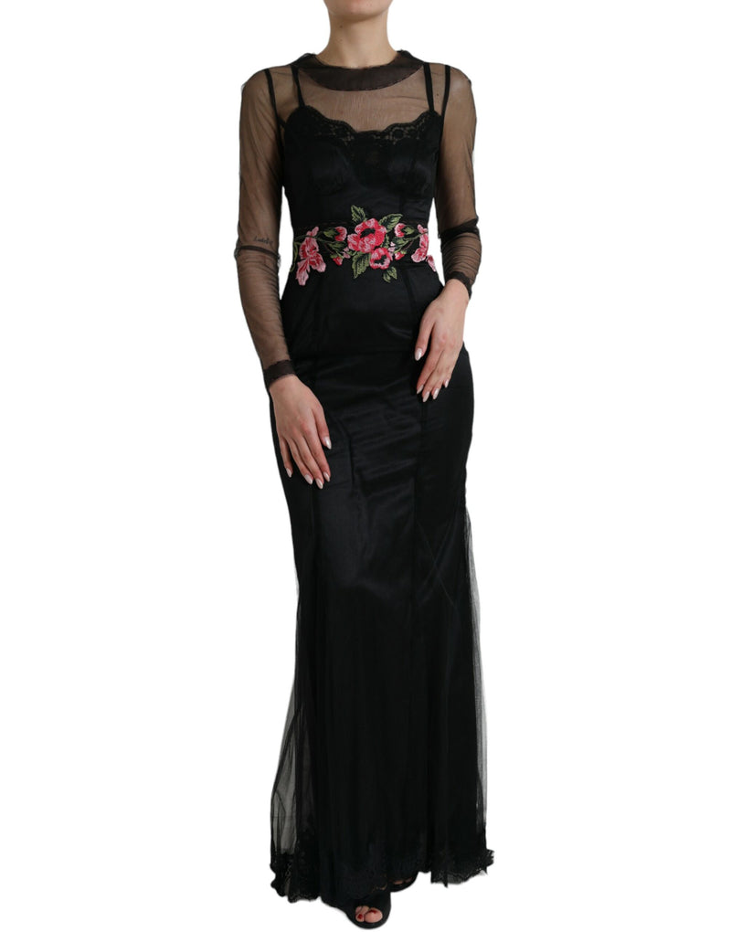 Black Floral Embroidery Mesh Tulle Gown Dress-Dolce & Gabbana-LabelTerrace.com