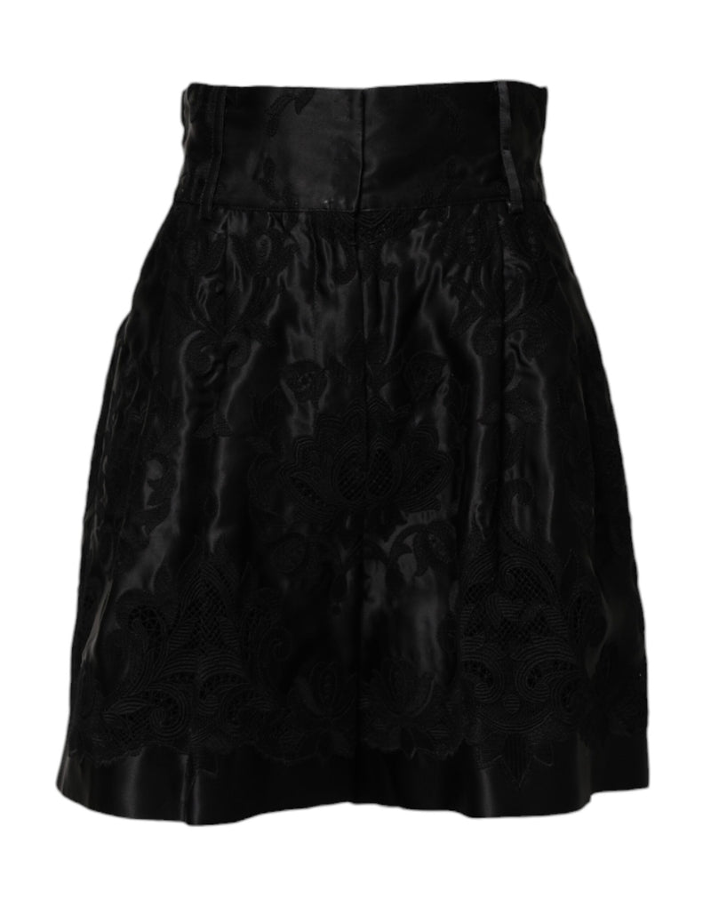 Black Floral Embroidery Silk High Waist Shorts-Dolce & Gabbana-LabelTerrace.com