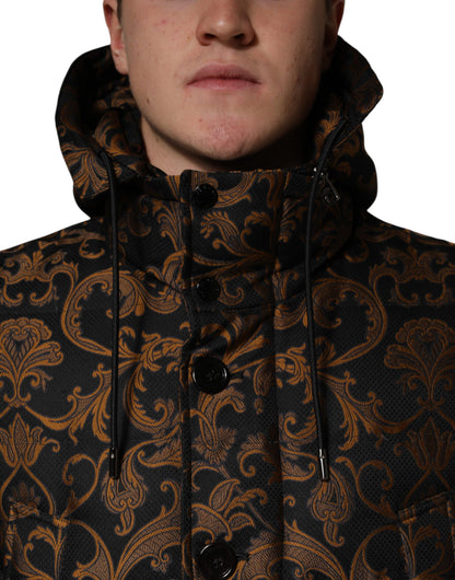 Black Floral Jacquard Quilted Hooded Jacket