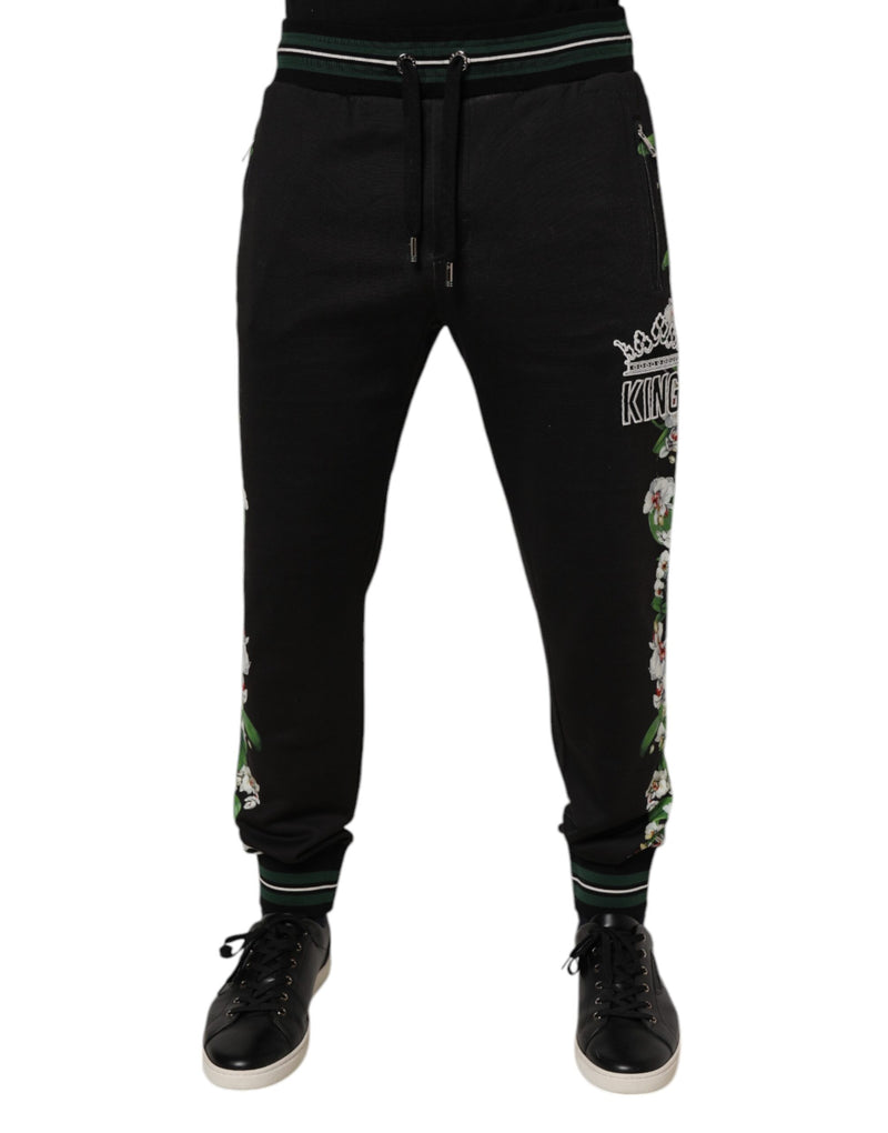 Black Floral King Men Jogger Sweatpants Pants-Dolce & Gabbana-LabelTerrace.com