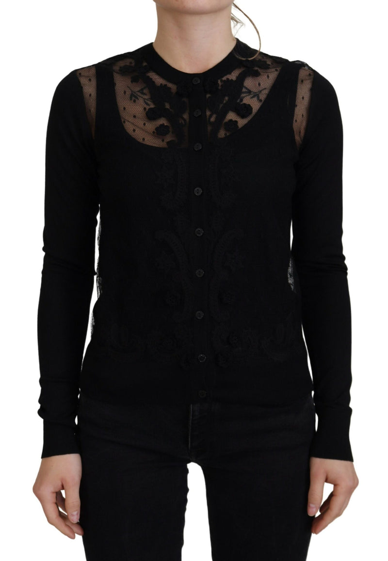 Black Floral Lace Button Cardigan Sweater-Dolce & Gabbana-LabelTerrace.com