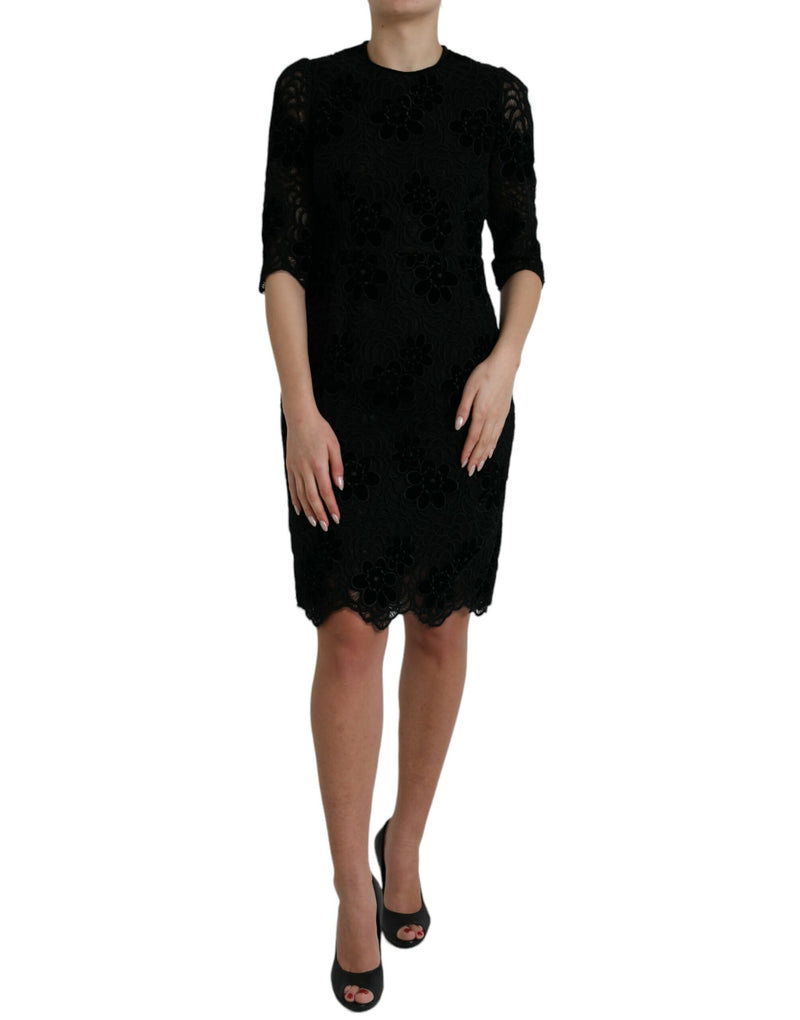 Black Floral Lace Cotton Bodycon Dress-Dolce & Gabbana-LabelTerrace.com