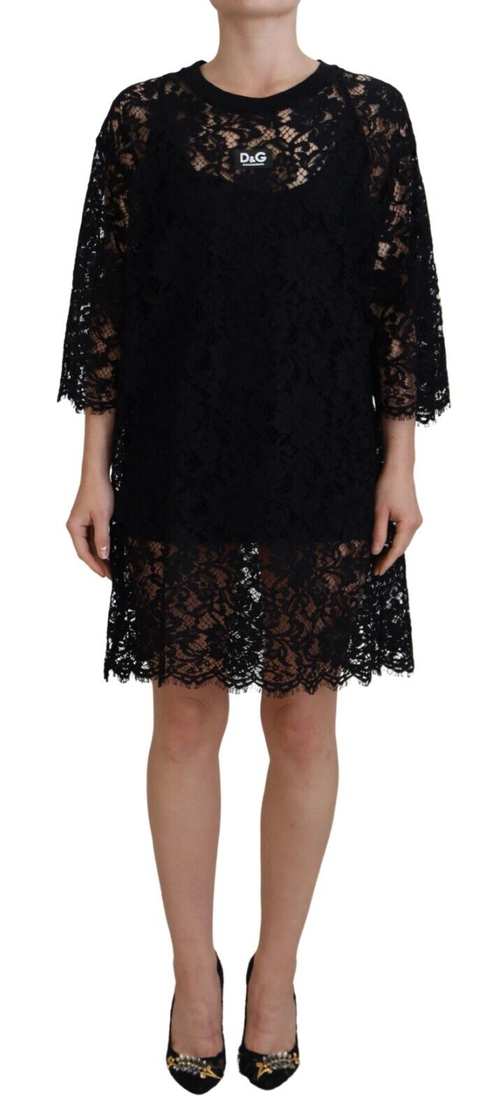Black Floral Lace Cotton Shift Mini Dress-Dolce & Gabbana-LabelTerrace.com
