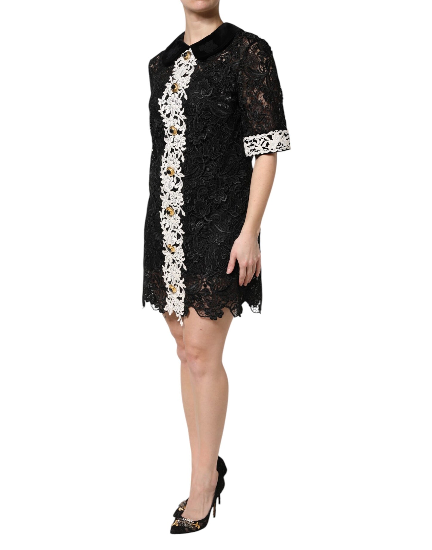 Black Floral Lace Embellished Mini Dress-Dolce & Gabbana-LabelTerrace.com